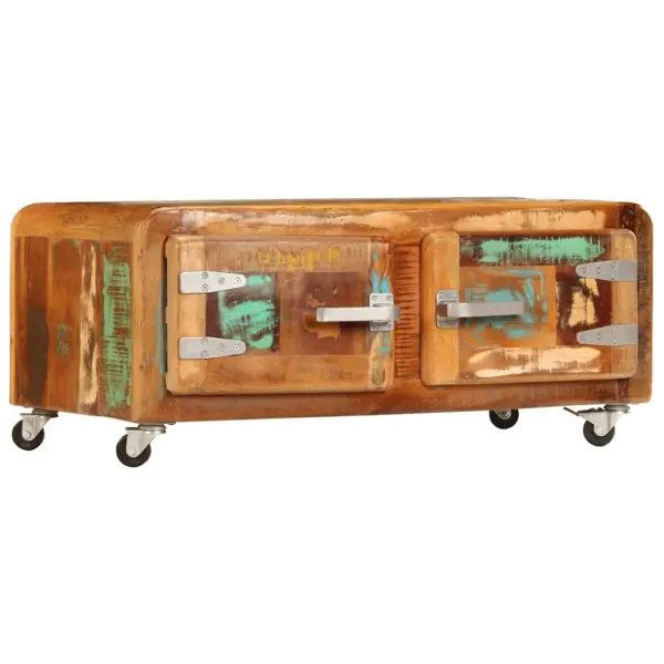 Ratastega kohvilaud kahe uksega, taaskasutatud puit, 85 x 55 x 40 cm – 11