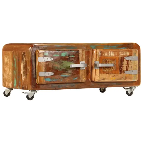 Ratastega kohvilaud kahe uksega, taaskasutatud puit, 85 x 55 x 40 cm – 12