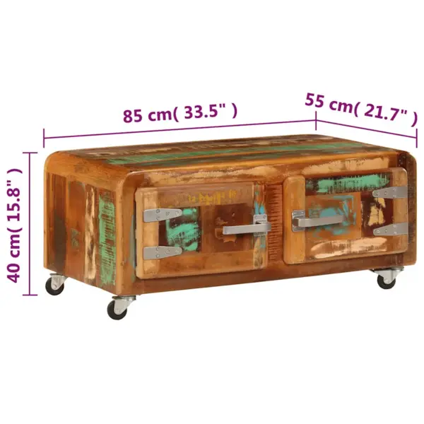 Ratastega kohvilaud kahe uksega, taaskasutatud puit, 85 x 55 x 40 cm – 9