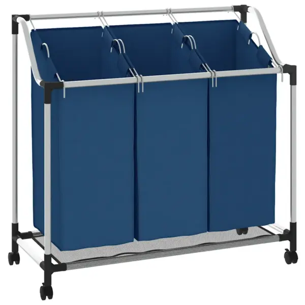 Ratastel pesusorteerija 3 sinise kotiga, plastkattega terasraam, 96 x 40 cm – 2