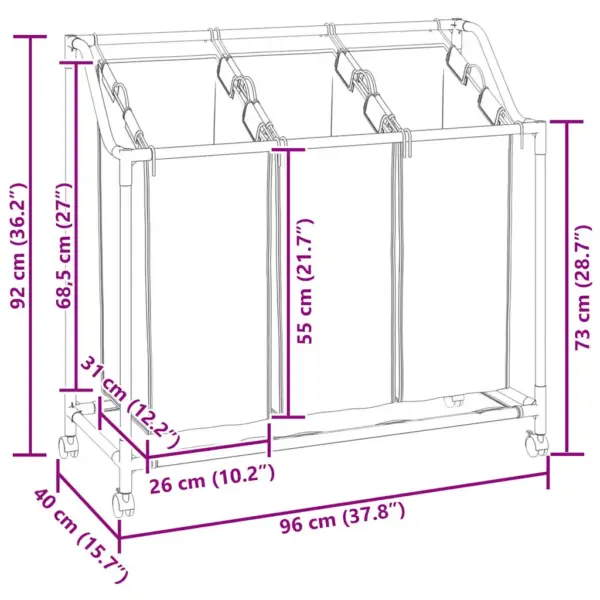 Ratastel pesusorteerija 3 sinise kotiga, plastkattega terasraam, 96 x 40 cm – 13