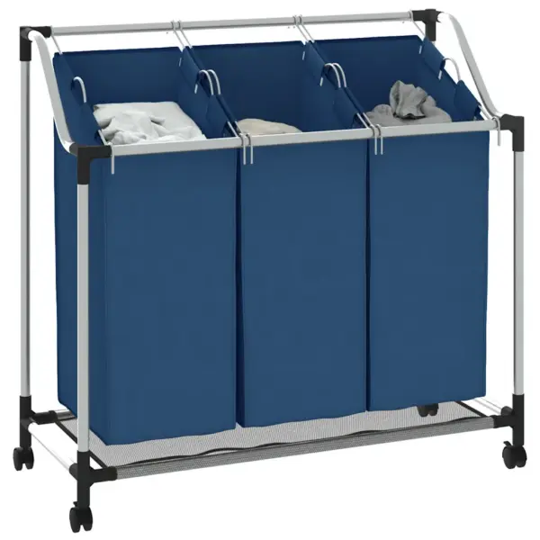 Ratastel pesusorteerija 3 sinise kotiga, plastkattega terasraam, 96 x 40 cm – 4