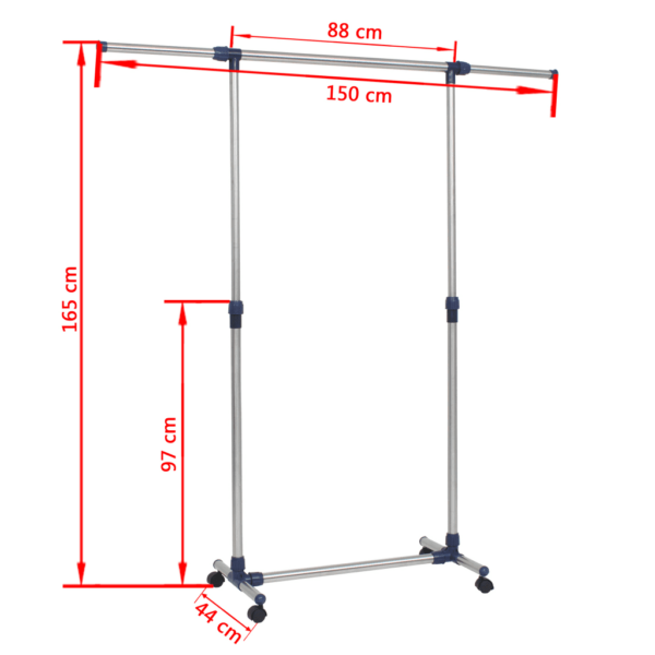 Reguleeritav ratastel riidenagi, roostevaba teras, hõbedane-lilla, 88–150 x 44 x 97–165 cm – 8