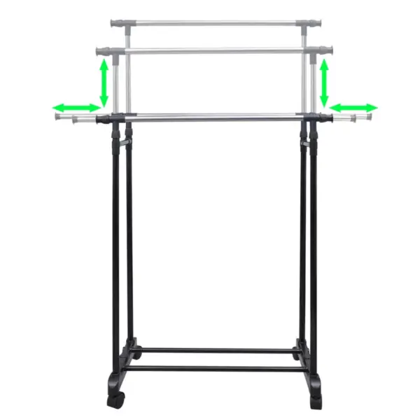 Reguleeritav kahekordne riidestange ratastega, 2 tk, roostevaba teras, 84–150 x 42 x 108–170 cm – 3
