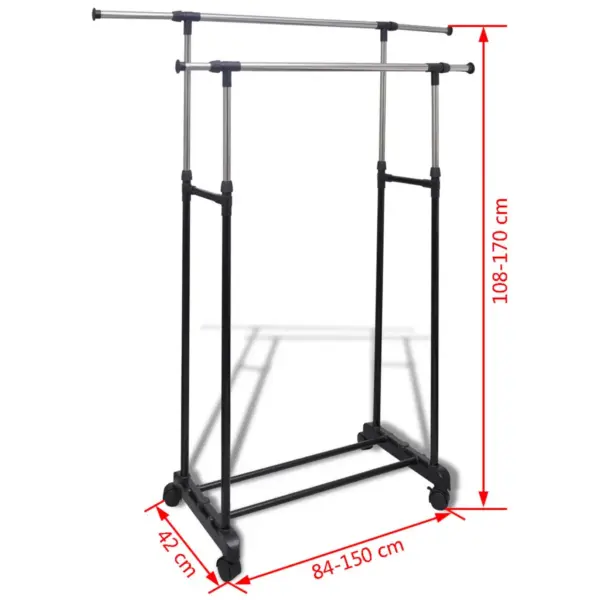 Reguleeritav kahekordne riidestange ratastega, 2 tk, roostevaba teras, 84–150 x 42 x 108–170 cm – 7