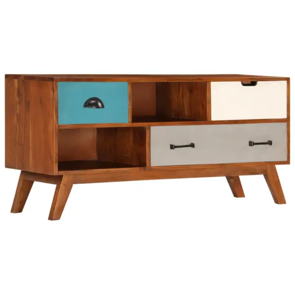 Retrostiilis telerikapp 3 sahtliga ja 2 hoiuruumiga, akaatsiapuit, 110 x 35 x 50 cm – 12