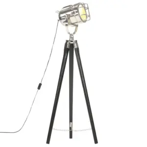 Retro kolme jalaga põrandalamp mustast mangopuidust, hõbedase lambivarjuga, 97 cm