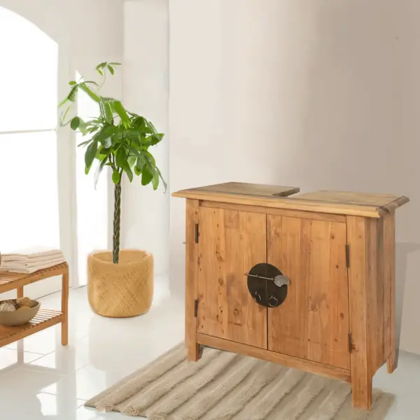 Retrostiilis männipuidust vannitoamööbli komplekt, kapp ja peegel, pruun, kapp 70 x 32 x 63 cm – 2