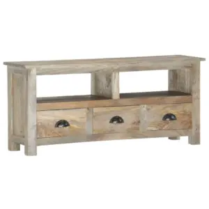 Retrostiilis telerikapp 2 riiuliga ja 3 sahtliga, täismangopuit, hall tammeviimistlus, 110 x 30 x 50 cm