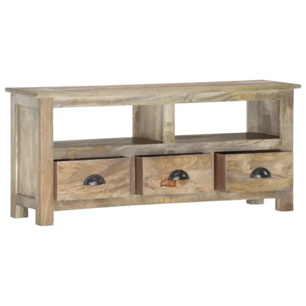 Retrostiilis telerikapp 2 riiuliga ja 3 sahtliga, täismangopuit, hall tammeviimistlus, 110 x 30 x 50 cm – 2