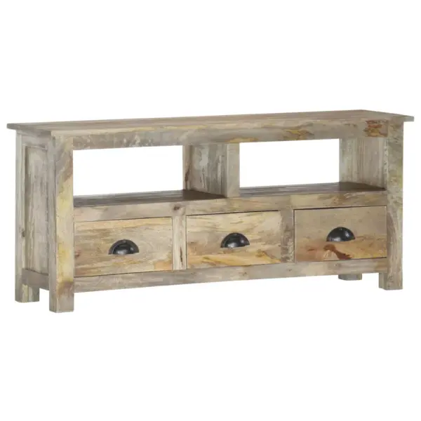Retrostiilis telerikapp 2 riiuliga ja 3 sahtliga, täismangopuit, hall tammeviimistlus, 110 x 30 x 50 cm – 11