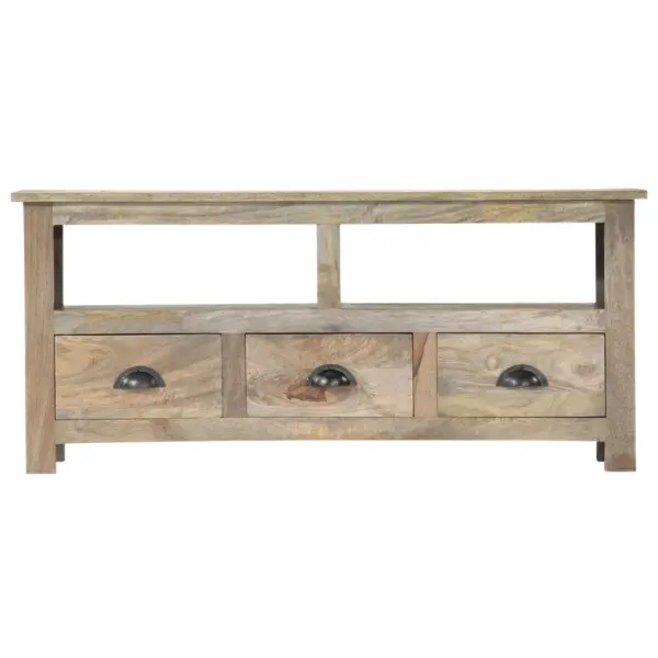 Retrostiilis telerikapp 2 riiuliga ja 3 sahtliga, täismangopuit, hall tammeviimistlus, 110 x 30 x 50 cm – 3