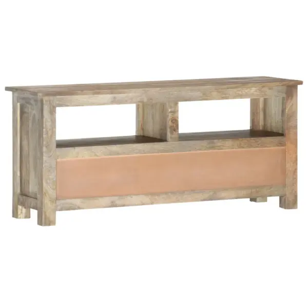 Retrostiilis telerikapp 2 riiuliga ja 3 sahtliga, täismangopuit, hall tammeviimistlus, 110 x 30 x 50 cm – 4