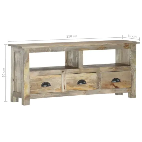 Retrostiilis telerikapp 2 riiuliga ja 3 sahtliga, täismangopuit, hall tammeviimistlus, 110 x 30 x 50 cm – 7