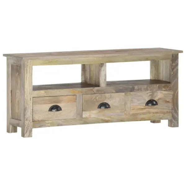Retrostiilis telerikapp 2 riiuliga ja 3 sahtliga, täismangopuit, hall tammeviimistlus, 110 x 30 x 50 cm – 8
