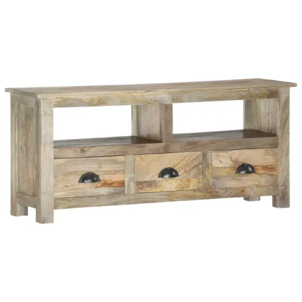 Retrostiilis telerikapp 2 riiuliga ja 3 sahtliga, täismangopuit, hall tammeviimistlus, 110 x 30 x 50 cm – 9