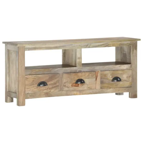 Retrostiilis telerikapp 2 riiuliga ja 3 sahtliga, täismangopuit, hall tammeviimistlus, 110 x 30 x 50 cm – 10