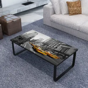 Ristkülikukujuline diivanilaud pildiga karastatud klaasplaadiga, must metallraam, 90 x 45 x 32 cm