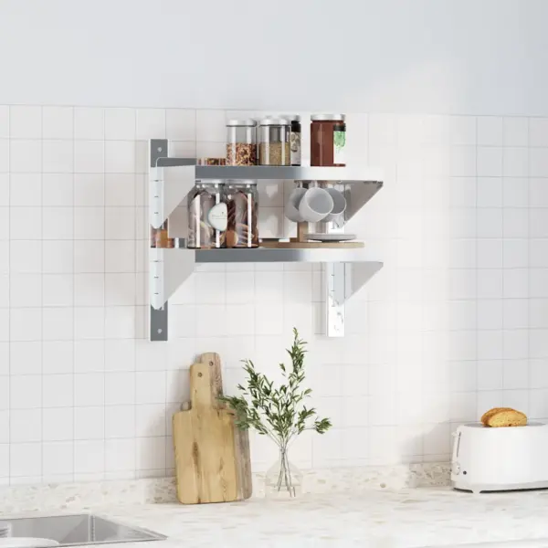 2-korruseline seinariiul tõstetud servadega, hõbedane roostevaba teras, 50 x 23,5 x 48 cm – 3
