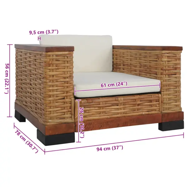 Pruun tugitool patjadega, naturaalne rotang ja mangopuit, 94 x 78 x 56 cm – 9