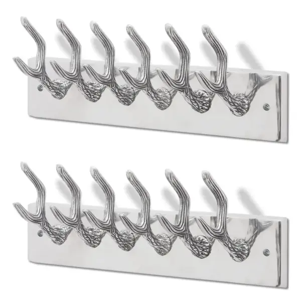 Sarvekujuline seinanagi garderoobi, 6 konksuga, 2 tk, hõbedane alumiinium, 49 x 9 x 18 cm – 2