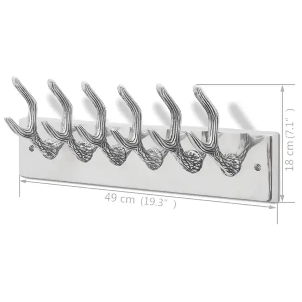 Sarvekujuline seinanagi garderoobi, 6 konksuga, 2 tk, hõbedane alumiinium, 49 x 9 x 18 cm – 6