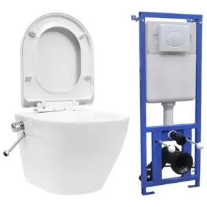 Seinale kinnitatav ääreta WC-poti ja peidetud loputuskastiga komplekt, bideefunktsiooniga, valge