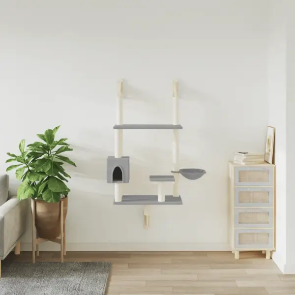 Seinale kinnitatav kassipuu kraapimispostidega, helehall, 90 x 52 x 153 cm – 3