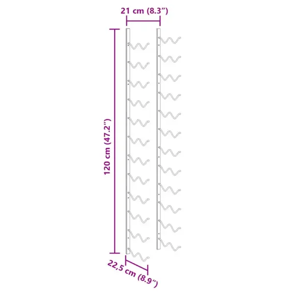 Seinale kinnitatav veiniriiul 24 pudelile, must pulbervärvitud raud, 21 x 22,5 x 120 cm – 9
