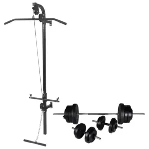 Seinale kinnitatav plokiseade kangi ja hantlite komplektiga, must teras, 60,5 kg