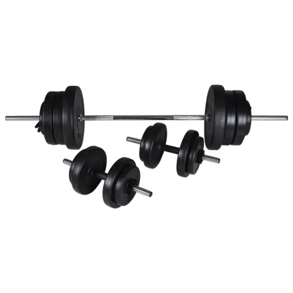 Seinale kinnitatav plokiseade kangi ja hantlite komplektiga, must teras, 60,5 kg – 7