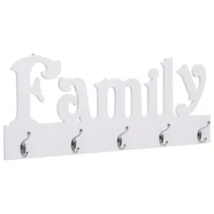 Seinale kinnitatav valge riidenagi FAMILY kirjaga, 5 konksu, MDF, 74 x 29,5 cm