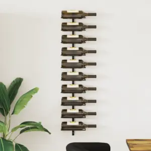 Seinale kinnitatav veiniriiul 10 pudelile, must pulbervärvitud metall, 24 x 9 x 120 cm