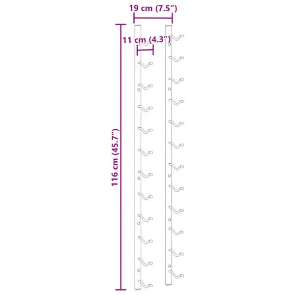 Seinale kinnitatav veiniriiul 12 pudelile, must pulbervärvitud raud, 19 x 11 x 116 cm – 9