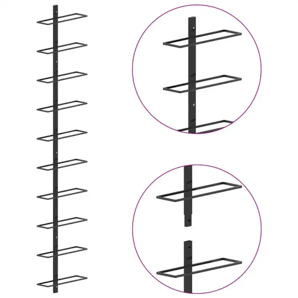 Seinale kinnitatavad veiniriiulid, 20 pudelile, 2 tk, must pulbervärvitud metall, 24 x 9 x 120 cm – 9