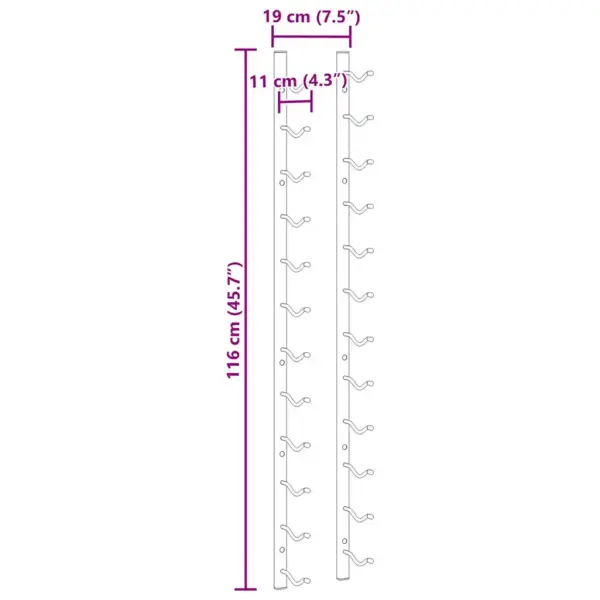 Seinale kinnitatavad veiniriiulid, 2 tk, must pulbervärvitud raud, 24 pudelit, 19 x 11 x 116 cm – 10