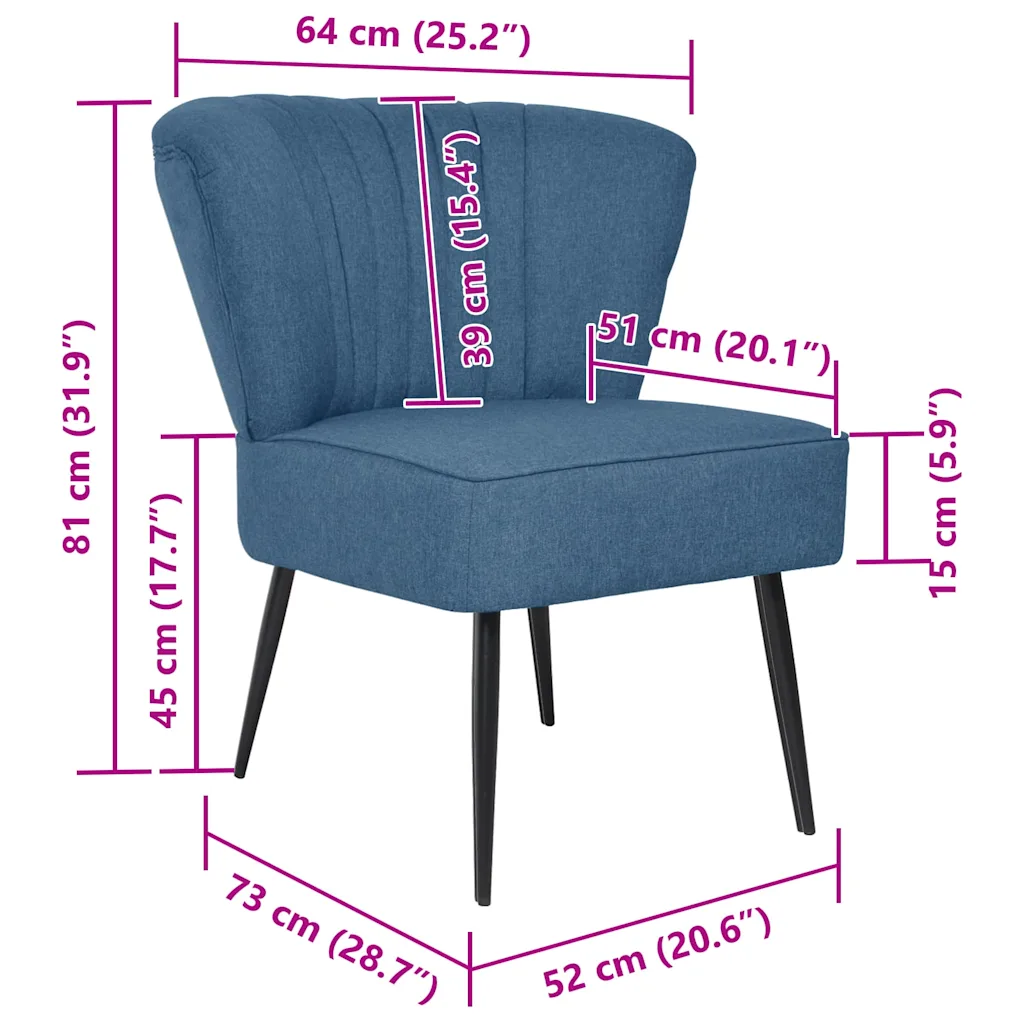 Retrostiiilis sinine kokteilitool polsterdatud istme ja metalljalgadega, 64 x 73 x 81 cm