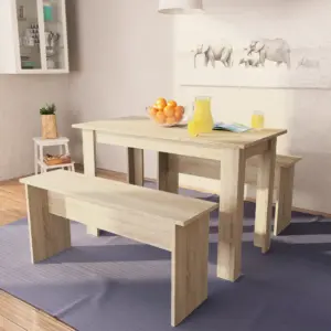 Söögilaud 120 x 59 cm ja 2 pinki, 3-osaline komplekt, tammekarva tehispuit