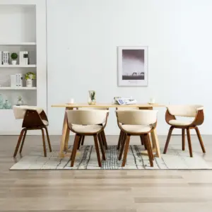 Söögitoolid 6 tk, kreemjasvalge kunstnahk, painutatud puidust raam