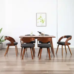Söögitoolid 6 tk, tumehall kangas ja tumepruun painutatud puitraam, 53 x 54 x 77 cm