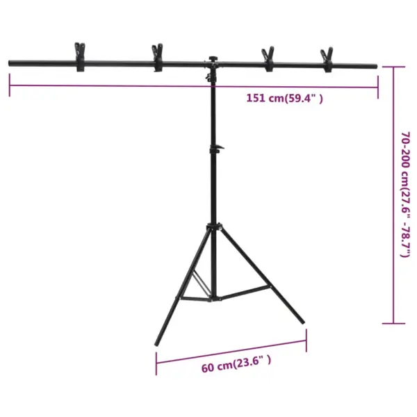 T-kujuline fototausta statiiv, reguleeritav, must metall, 151 x 60 x (70–200) cm – 9