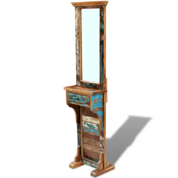 Pikk taaskasutatud puidust esikupeegel sahtliga, mitmevärviline, 47 x 23 x 180 cm – 2