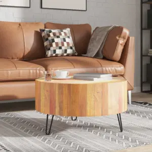 Tööstuslik ümara lauaplaadiga kohvilaud taaskasutatud puidust, beež, 70 x 38 cm