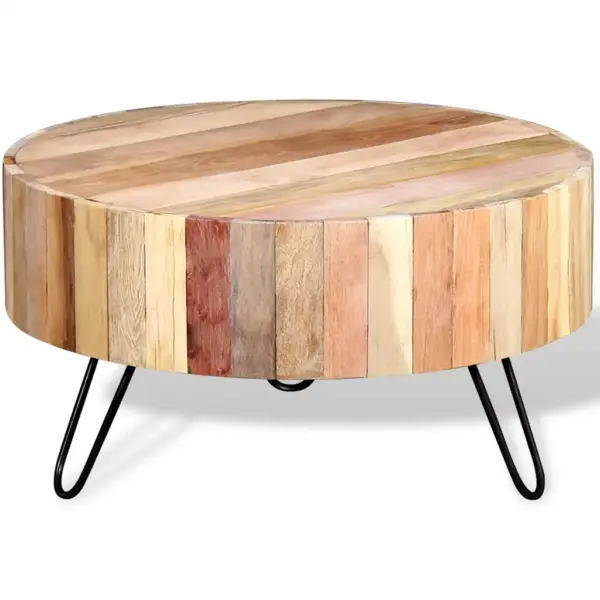 Tööstuslik ümara lauaplaadiga kohvilaud taaskasutatud puidust, beež, 70 x 38 cm – 2