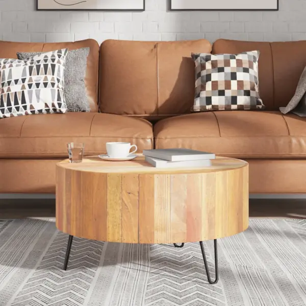 Tööstuslik ümara lauaplaadiga kohvilaud taaskasutatud puidust, beež, 70 x 38 cm – 3