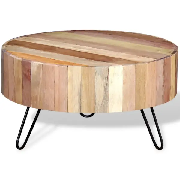 Tööstuslik ümara lauaplaadiga kohvilaud taaskasutatud puidust, beež, 70 x 38 cm – 4