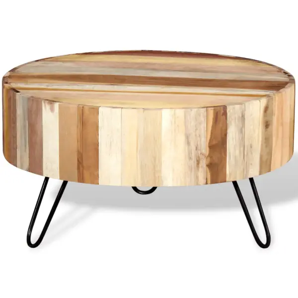 Tööstuslik ümara lauaplaadiga kohvilaud taaskasutatud puidust, beež, 70 x 38 cm – 7