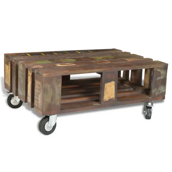 Taaskasutatud puidust kohvilaud lukustatavate ratastega, hoiukohaga, mitmevärviline, 80 x 56 x 34 cm – 2
