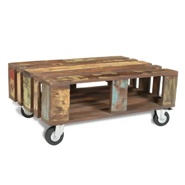 Taaskasutatud puidust kohvilaud lukustatavate ratastega, hoiukohaga, mitmevärviline, 80 x 56 x 34 cm – 3