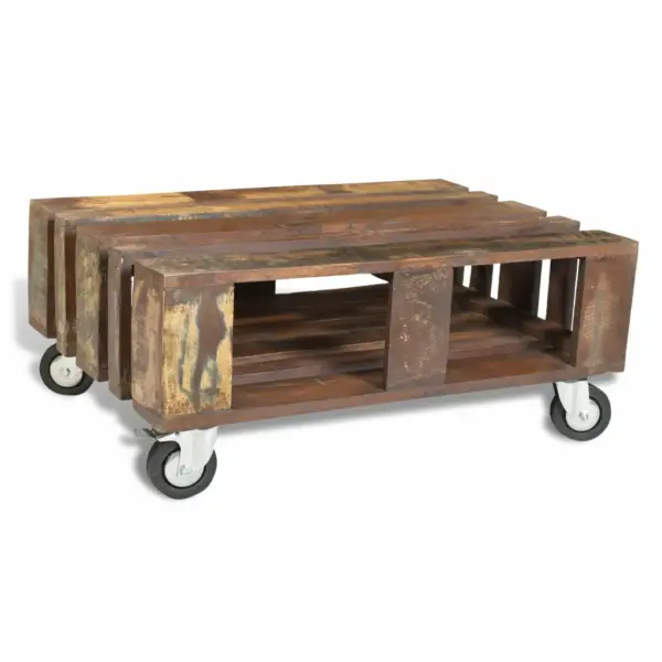 Taaskasutatud puidust kohvilaud lukustatavate ratastega, hoiukohaga, mitmevärviline, 80 x 56 x 34 cm – 5